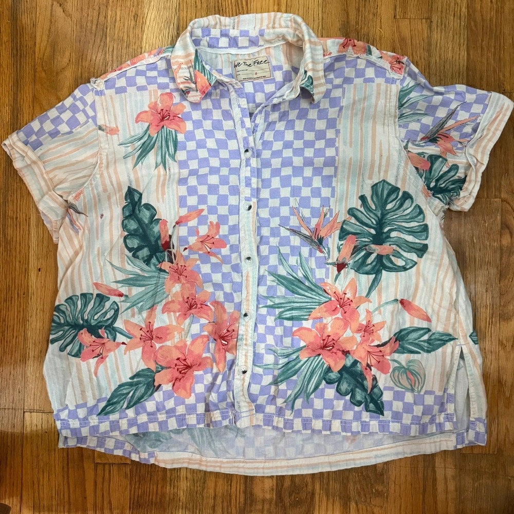 Free People We the Free Retro Tropics Button Down Shirt Size S Checkered Floral
